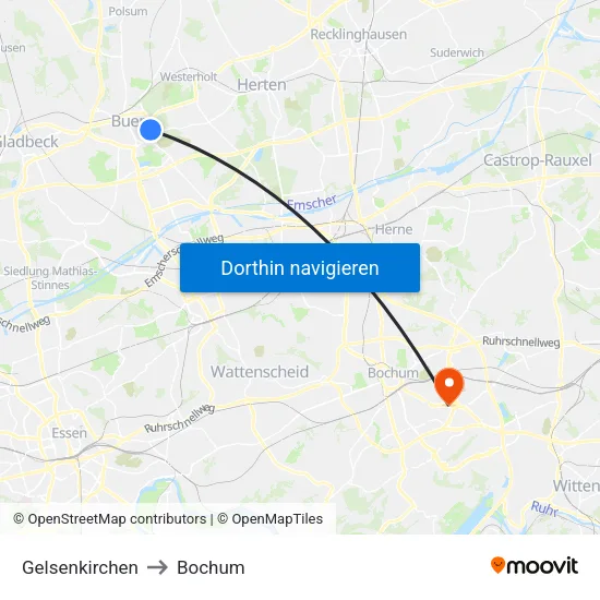 Gelsenkirchen to Bochum map