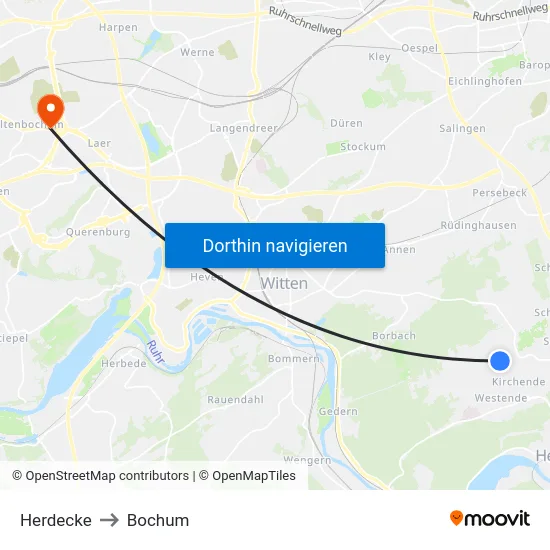 Herdecke to Bochum map