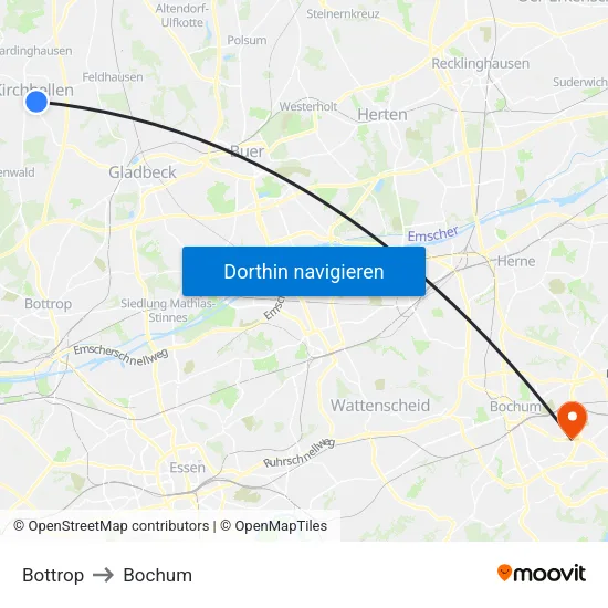 Bottrop to Bochum map