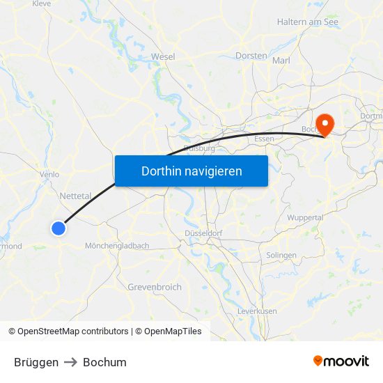 Brüggen to Bochum map