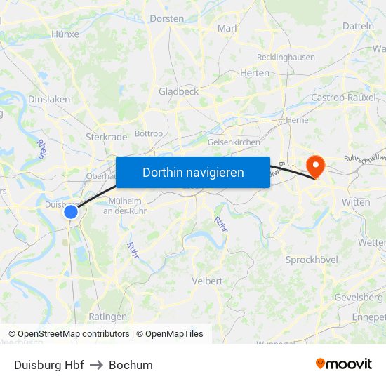 Duisburg Hbf to Bochum map