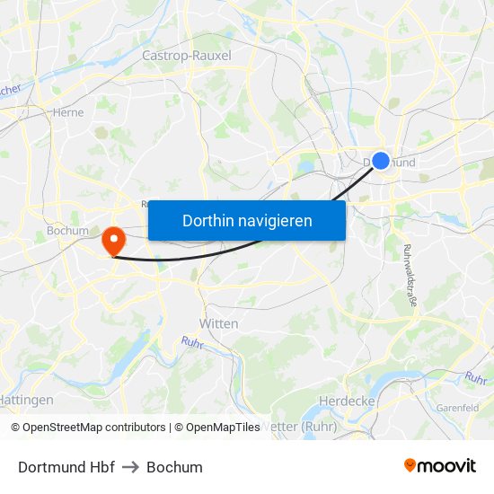 Dortmund Hbf to Bochum map