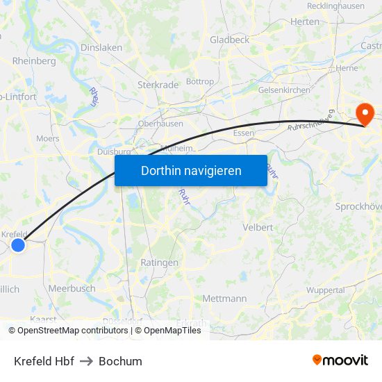 Krefeld Hbf to Bochum map