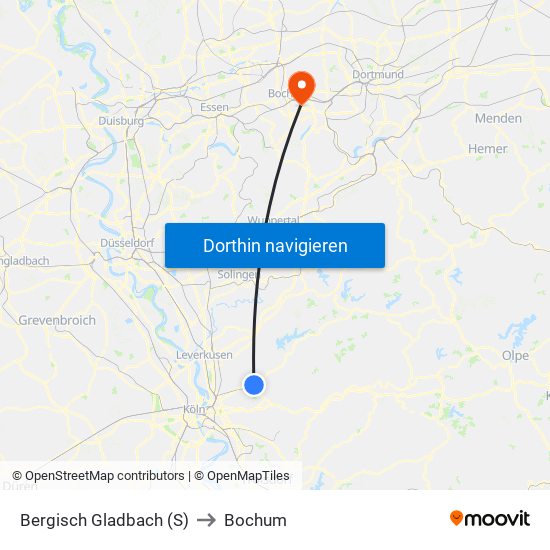 Bergisch Gladbach (S) to Bochum map