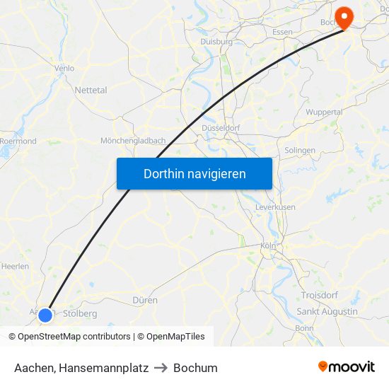 Aachen, Hansemannplatz to Bochum map