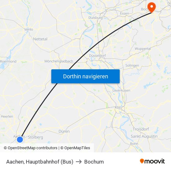 Aachen, Hauptbahnhof (Bus) to Bochum map