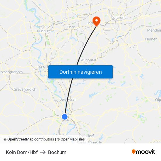 Köln Dom/Hbf to Bochum map