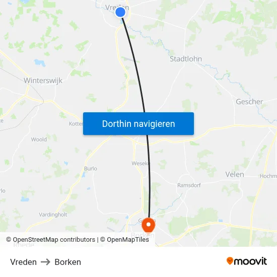 Vreden to Borken map