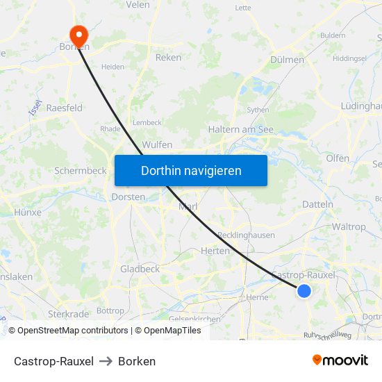 Castrop-Rauxel to Borken map