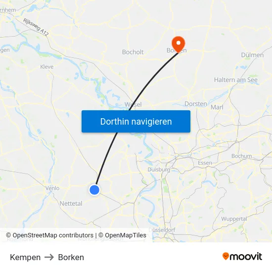 Kempen to Borken map