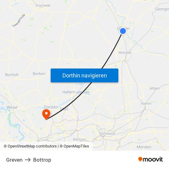 Greven to Bottrop map