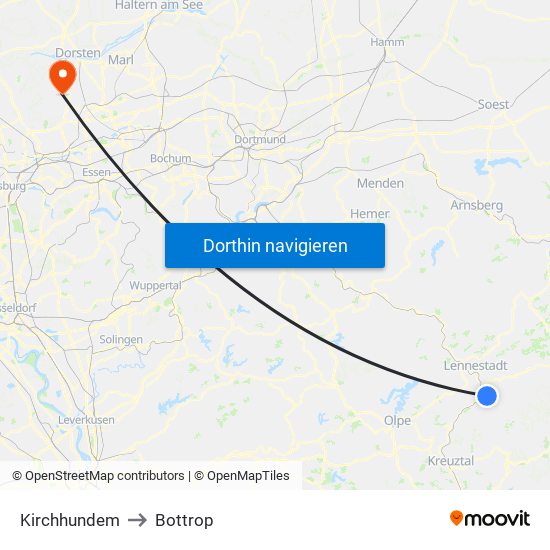 Kirchhundem to Bottrop map