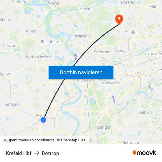 Krefeld Hbf to Bottrop map