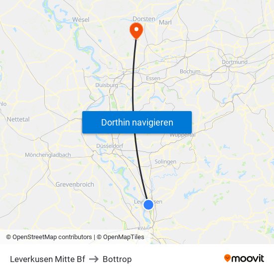 Leverkusen Mitte Bf to Bottrop map