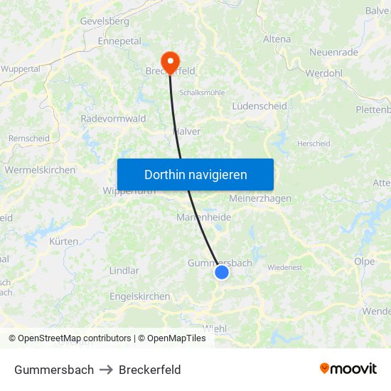 Gummersbach to Breckerfeld map