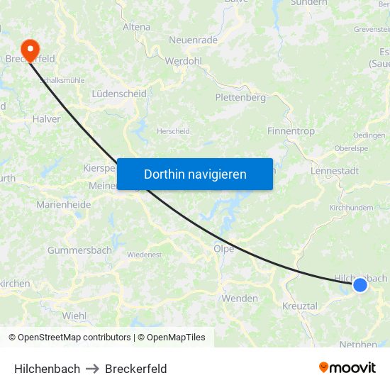 Hilchenbach to Breckerfeld map