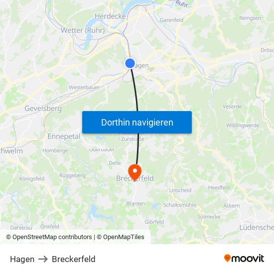 Hagen to Breckerfeld map