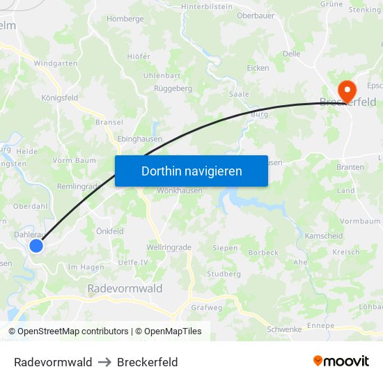 Radevormwald to Breckerfeld map