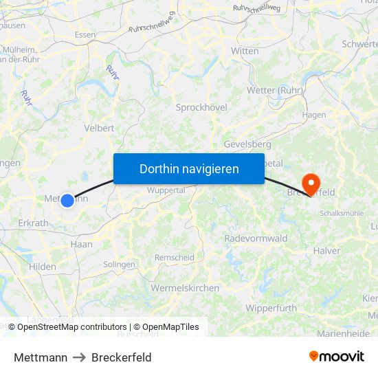 Mettmann to Breckerfeld map