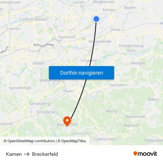Kamen to Breckerfeld map
