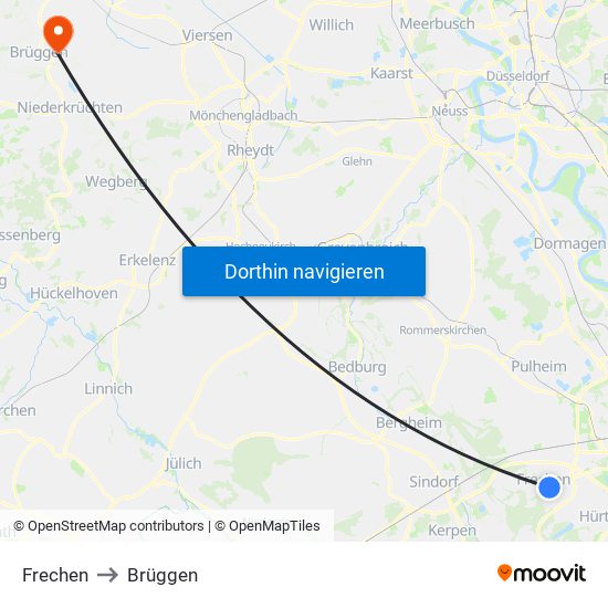 Frechen to Brüggen map