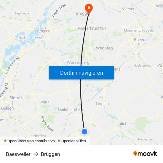 Baesweiler to Brüggen map