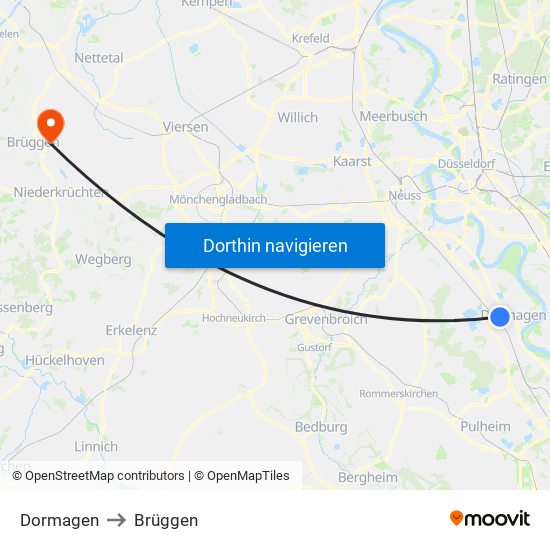 Dormagen to Brüggen map