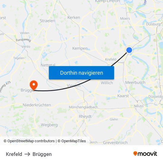 Krefeld to Brüggen map