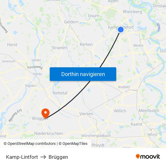 Kamp-Lintfort to Brüggen map