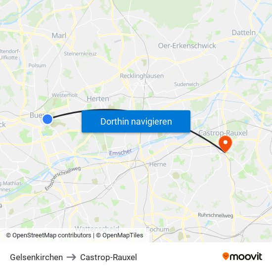 Gelsenkirchen to Castrop-Rauxel map