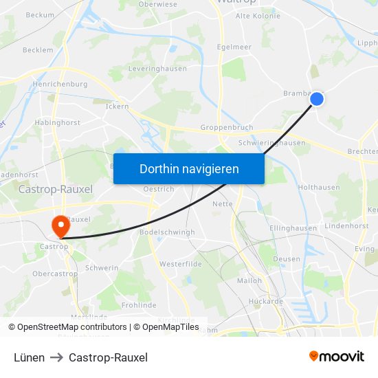 Lünen to Castrop-Rauxel map