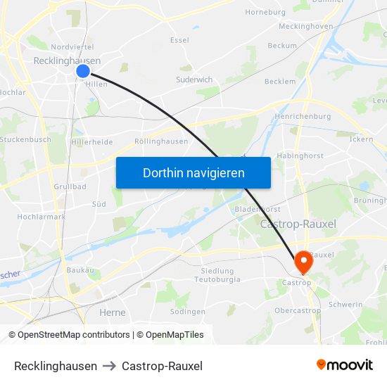 Recklinghausen to Castrop-Rauxel map