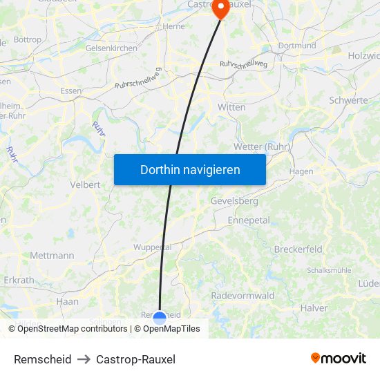 Remscheid to Castrop-Rauxel map