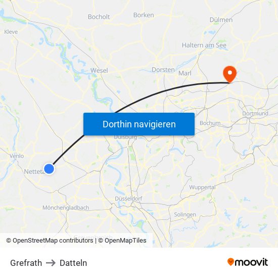 Grefrath to Datteln map