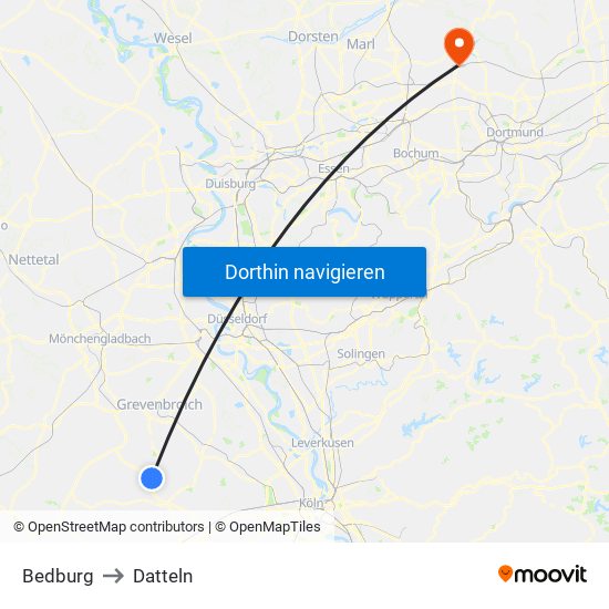 Bedburg to Datteln map