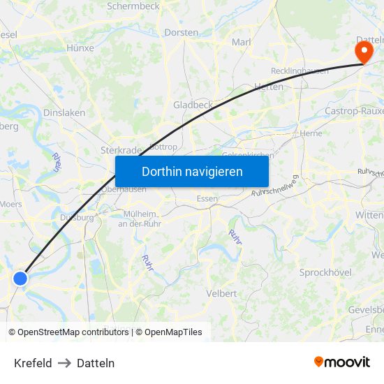 Krefeld to Datteln map