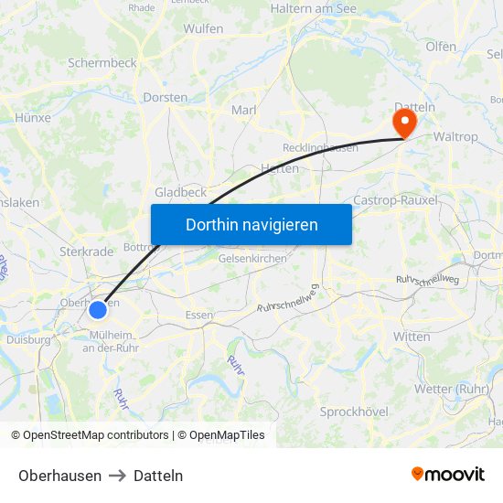 Oberhausen to Datteln map