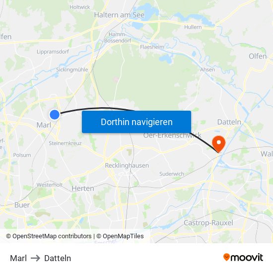 Marl to Datteln map