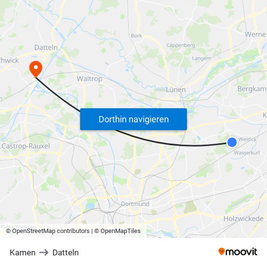 Kamen to Datteln map