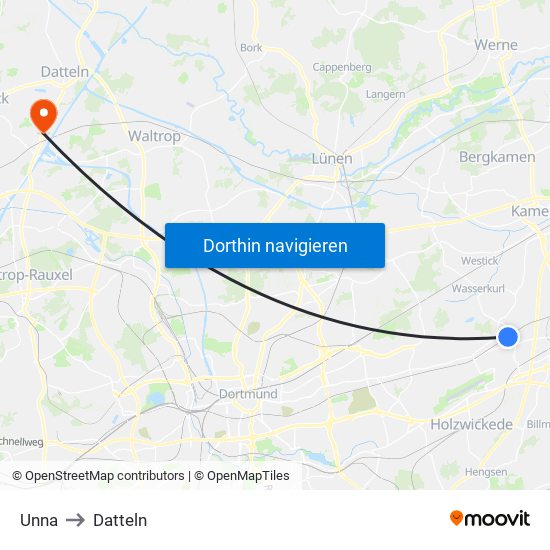 Unna to Datteln map