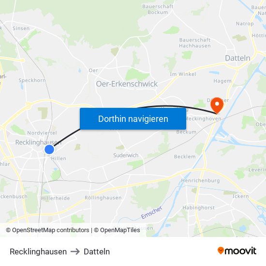 Recklinghausen to Datteln map