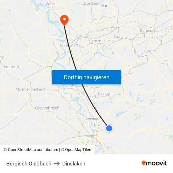 Bergisch Gladbach to Dinslaken map