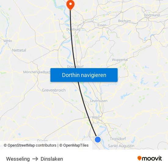 Wesseling to Dinslaken map