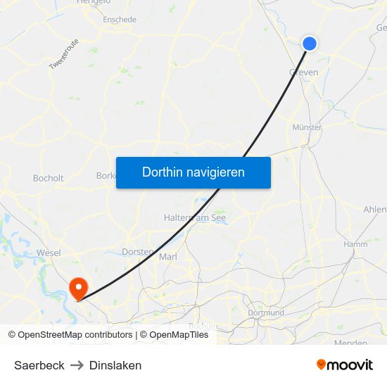 Saerbeck to Dinslaken map