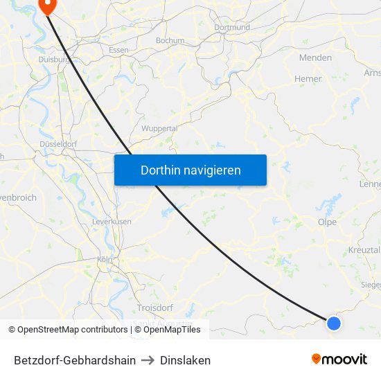 Betzdorf-Gebhardshain to Dinslaken map