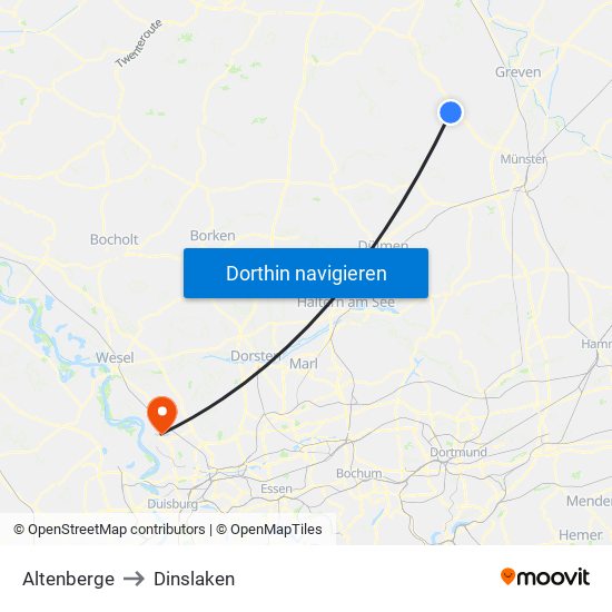 Altenberge to Dinslaken map