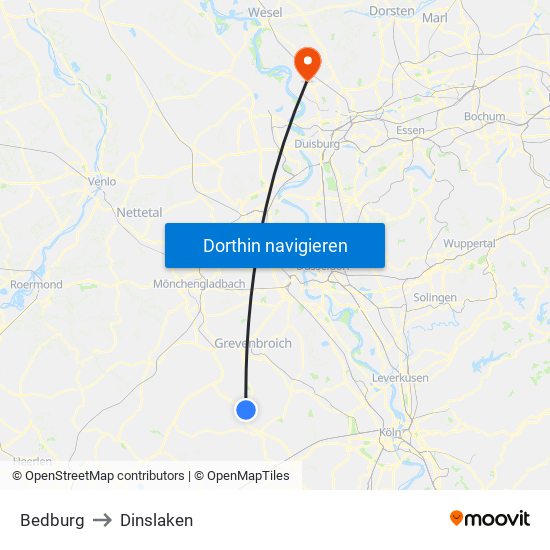 Bedburg to Dinslaken map