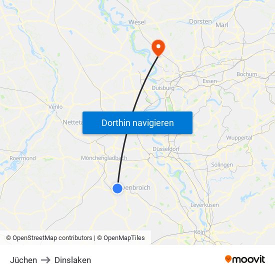 Jüchen to Dinslaken map