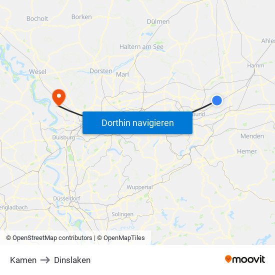 Kamen to Dinslaken map