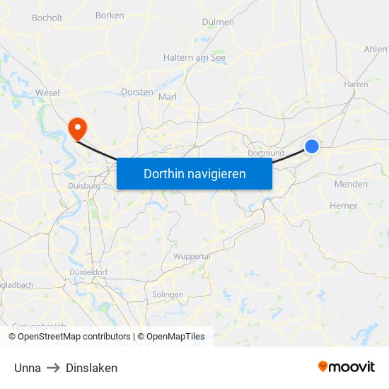 Unna to Dinslaken map
